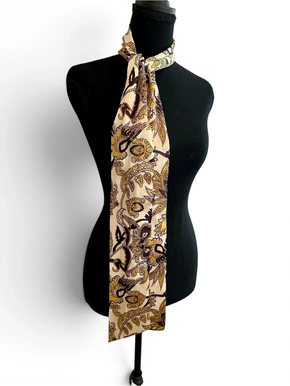 Silky Paisley Bow Neck Scarf - Cream & Gold